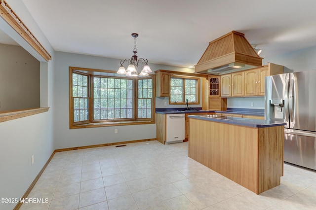 143 Siloam Rd, Freehold, NJ 07728 - kitchen featuring stainless steel refrigerator with ice dispenser, white dishwasher, dark countertops, a chandelier, and black electric cooktop