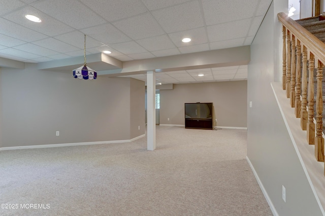143 Siloam Rd, Freehold, NJ 07728 - finished below grade area featuring a drop ceiling, stairs, carpet flooring, and recessed lighting