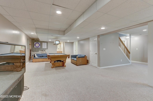 143 Siloam Rd, Freehold, NJ 07728 - rec room with pool table, carpet, recessed lighting, and a drop ceiling