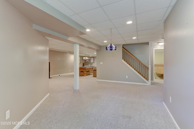 143 Siloam Rd, Freehold, NJ 07728 - finished below grade area with carpet flooring, stairs, recessed lighting, and a drop ceiling