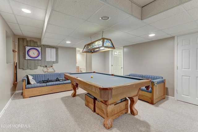 143 Siloam Rd, Freehold, NJ 07728 - rec room featuring carpet floors, a drop ceiling, pool table, and recessed lighting