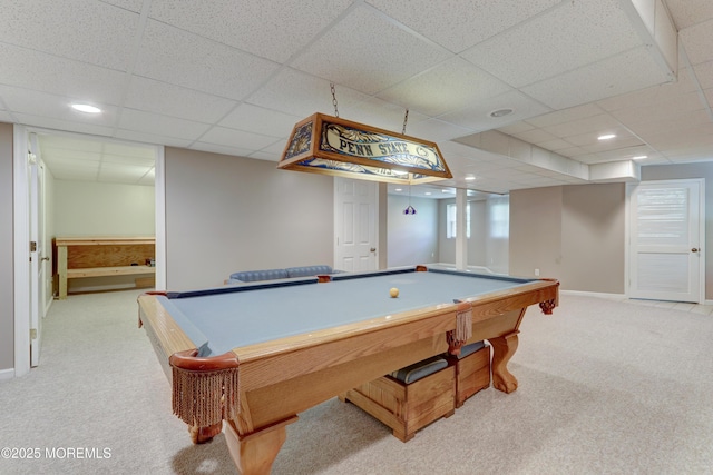 143 Siloam Rd, Freehold, NJ 07728 - rec room featuring carpet flooring, billiards, a paneled ceiling, and recessed lighting