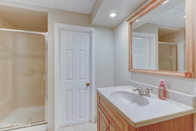 143 Siloam Rd, Freehold, NJ 07728 - full bath featuring vanity, a stall shower, tile patterned flooring, and recessed lighting