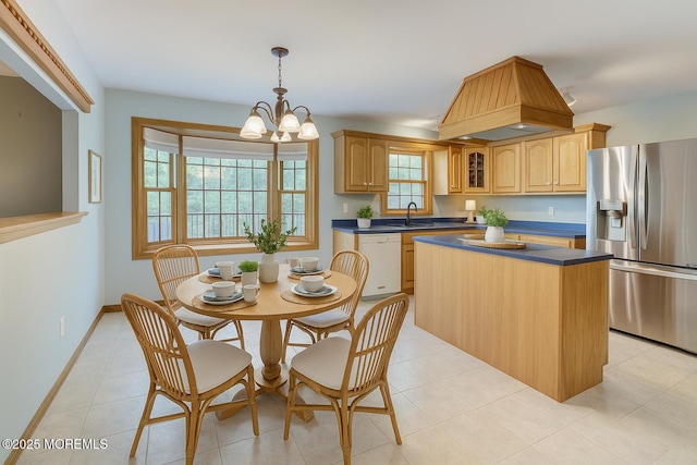 143 Siloam Rd, Freehold, NJ 07728 - kitchen with stainless steel refrigerator with ice dispenser, white dishwasher, dark countertops, and a kitchen island
