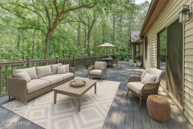 143 Siloam Rd, Freehold, NJ 07728 - deck with outdoor lounge area, outdoor dining space, and a forest view