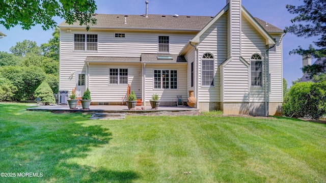 88 Vanderveer Dr, Basking Ridge, NJ 07920 - rear view of house featuring a patio area, a lawn, and a chimney