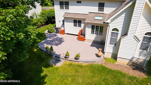 88 Vanderveer Dr, Basking Ridge, NJ 07920 - back of house with a patio area, roof with shingles, a lawn, and entry steps