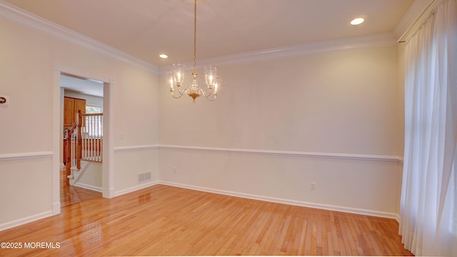 88 Vanderveer Dr, Basking Ridge, NJ 07920 - empty room featuring a chandelier, wood finished floors, crown molding, and recessed lighting
