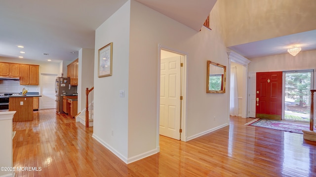 88 Vanderveer Dr, Basking Ridge, NJ 07920 - entryway with light wood-type flooring, stairway, and recessed lighting