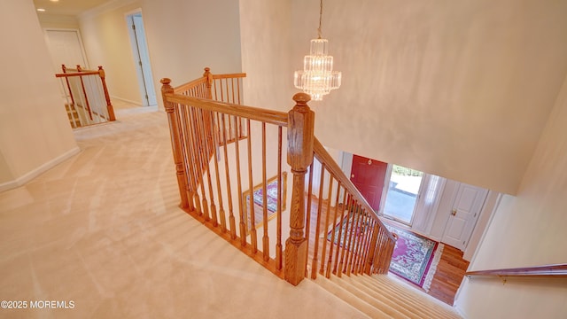 88 Vanderveer Dr, Basking Ridge, NJ 07920 - stairs featuring carpet flooring and a chandelier