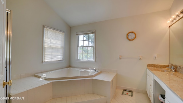88 Vanderveer Dr, Basking Ridge, NJ 07920 - full bath featuring vanity, a garden tub, vaulted ceiling, and tile patterned flooring