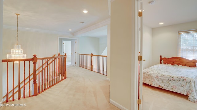88 Vanderveer Dr, Basking Ridge, NJ 07920 - corridor featuring an upstairs landing, carpet floors, ornamental molding, recessed lighting, and a chandelier