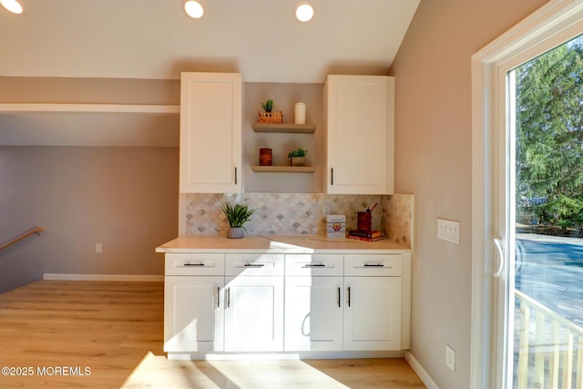 42 Cherry Tree Farm Rd, Middletown, NJ 07748 - kitchen featuring backsplash, open shelves, light countertops, white cabinets, and recessed lighting