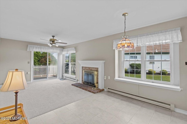 50 Normanton Ave, Manchester, NJ 08759 - unfurnished living room featuring a baseboard radiator, ceiling fan, a fireplace, and carpet flooring