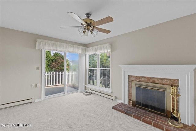 50 Normanton Ave, Manchester, NJ 08759 - unfurnished living room with a baseboard heating unit, carpet floors, ceiling fan, and a brick fireplace