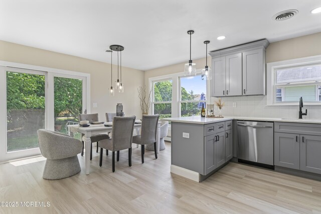 696 Jamaica Blvd, Toms River, NJ 08757 - kitchen with stainless steel dishwasher, gray cabinetry, healthy amount of natural light, a peninsula, and recessed lighting