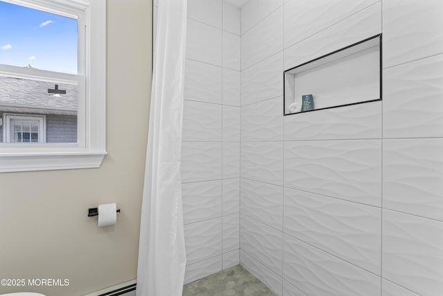 696 Jamaica Blvd, Toms River, NJ 08757 - bathroom with tiled shower and baseboard heating