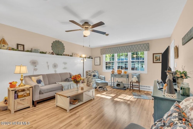 8 Wisconsin Ln, Whiting, NJ 08759 - living room featuring light wood finished floors, a ceiling fan, and a baseboard heating unit