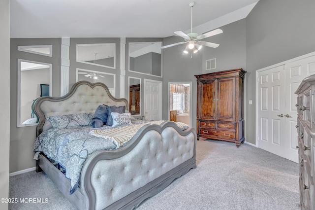 8 Armistead Ky, Colts Neck, NJ 07722 - bedroom with light carpet, high vaulted ceiling, a ceiling fan, and a closet