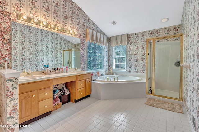 8 Armistead Ky, Colts Neck, NJ 07722 - full bathroom with wallpapered walls, tile patterned flooring, a garden tub, a shower stall, and lofted ceiling
