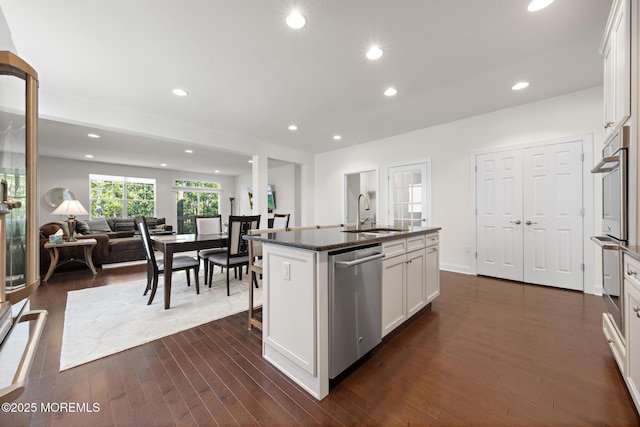11 Starboard Ct, Little Egg Harbor, NJ 08087 - kitchen with dishwasher, dark wood-style floors, an island with sink, white cabinets, and open floor plan