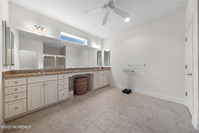 11 Starboard Ct, Little Egg Harbor, NJ 08087 - bathroom with ceiling fan, vanity, and a shower stall