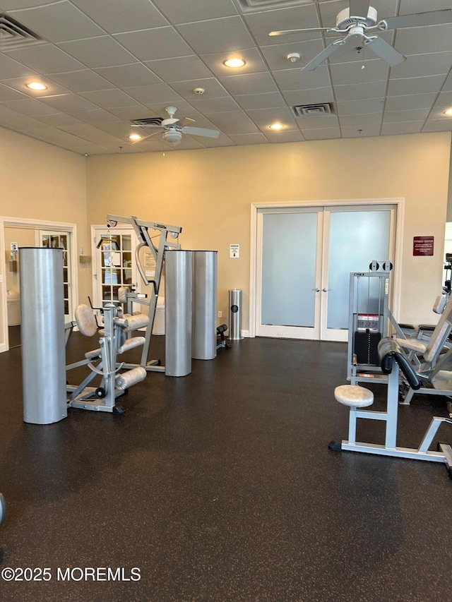 2346 Rte 33 Unit 205, Robbinsville, NJ 08691 - exercise room with a ceiling fan, french doors, a paneled ceiling, and recessed lighting