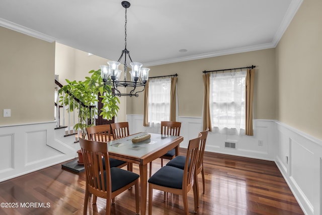 2 Michaels Ct, Jackson, NJ 08527 - dining space featuring a wainscoted wall, a chandelier, stairway, crown molding, and dark wood-type flooring