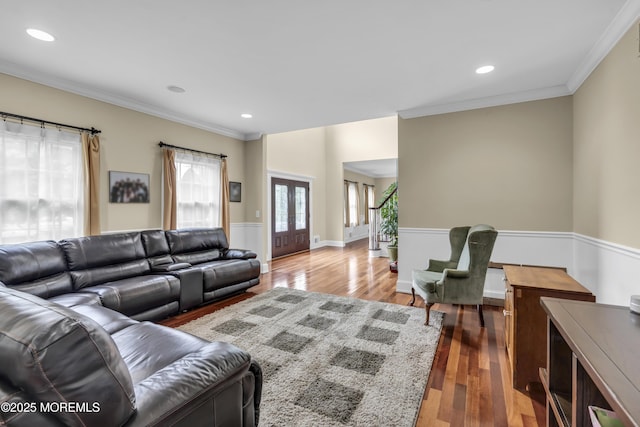 2 Michaels Ct, Jackson, NJ 08527 - living room featuring wood finished floors, ornamental molding, recessed lighting, wainscoting, and french doors