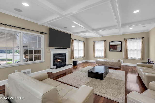 2 Michaels Ct, Jackson, NJ 08527 - living room with coffered ceiling, recessed lighting, dark wood finished floors, beamed ceiling, and a glass covered fireplace