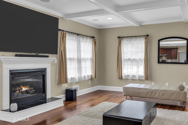 2 Michaels Ct, Jackson, NJ 08527 - living area with wood finished floors, coffered ceiling, beam ceiling, recessed lighting, and a glass covered fireplace