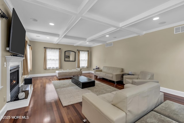 2 Michaels Ct, Jackson, NJ 08527 - living room with coffered ceiling, dark wood-style floors, beam ceiling, a glass covered fireplace, and recessed lighting
