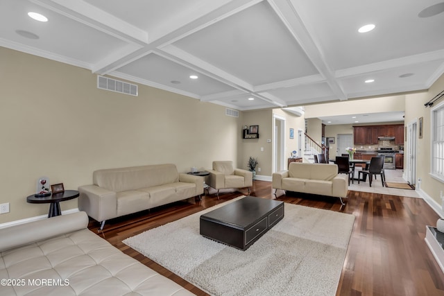 2 Michaels Ct, Jackson, NJ 08527 - living room featuring coffered ceiling, stairs, dark wood-style floors, beam ceiling, and recessed lighting