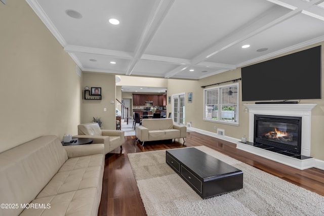 2 Michaels Ct, Jackson, NJ 08527 - living area featuring wood finished floors, a glass covered fireplace, beam ceiling, recessed lighting, and coffered ceiling