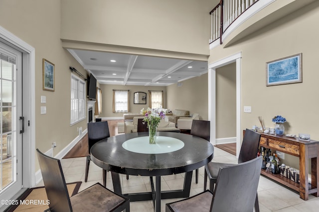 2 Michaels Ct, Jackson, NJ 08527 - dining area with coffered ceiling, beam ceiling, recessed lighting, and light tile patterned floors
