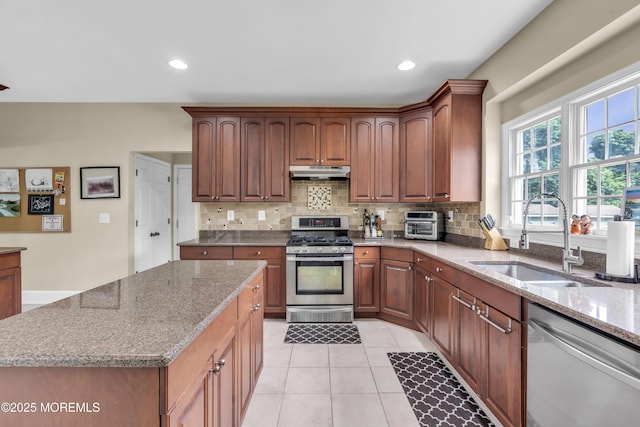 2 Michaels Ct, Jackson, NJ 08527 - kitchen with appliances with stainless steel finishes, under cabinet range hood, tasteful backsplash, stone countertops, and recessed lighting
