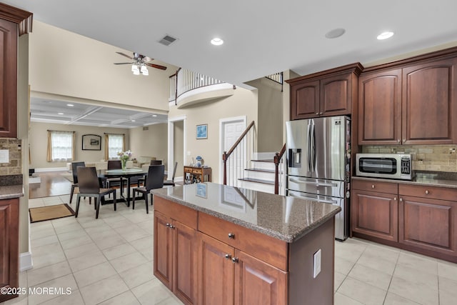 2 Michaels Ct, Jackson, NJ 08527 - kitchen with appliances with stainless steel finishes, recessed lighting, tasteful backsplash, a ceiling fan, and a kitchen island