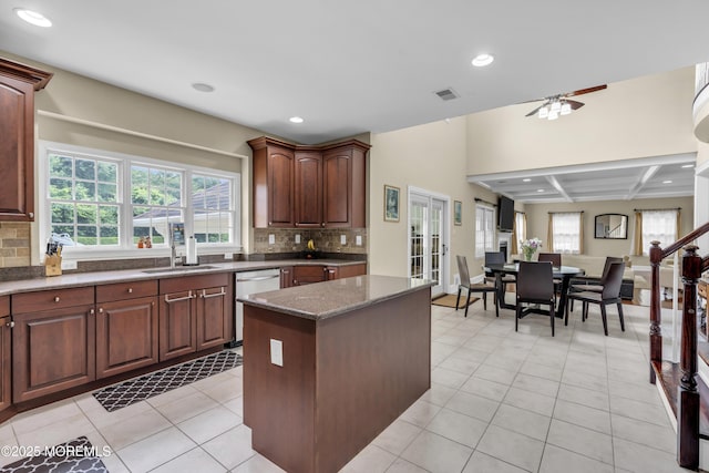 2 Michaels Ct, Jackson, NJ 08527 - kitchen with dishwasher, backsplash, recessed lighting, a kitchen island, and dark stone countertops