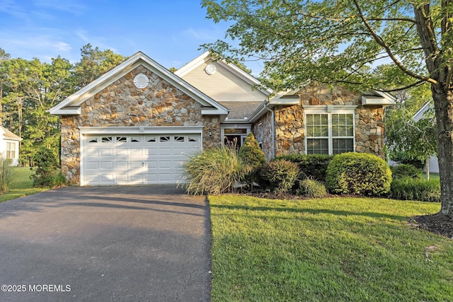 105 Golf View Dr, Little Egg Harbor, NJ 08087 - traditional home with stone siding, asphalt driveway, a front yard, and an attached garage