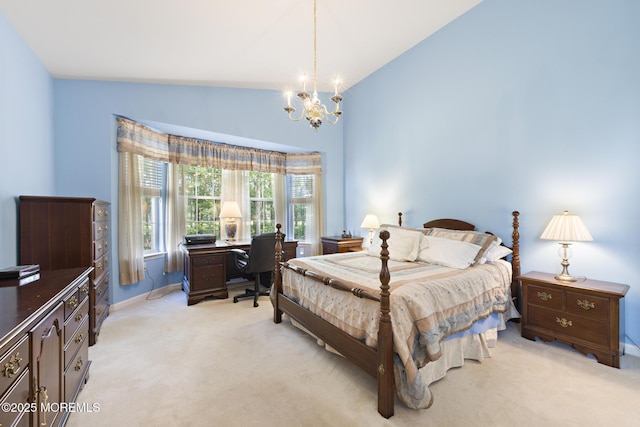 105 Golf View Dr, Little Egg Harbor, NJ 08087 - bedroom featuring light carpet, an office area, a chandelier, and high vaulted ceiling