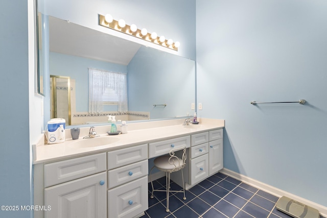 105 Golf View Dr, Little Egg Harbor, NJ 08087 - bathroom featuring double vanity, tile patterned flooring, and a shower with door