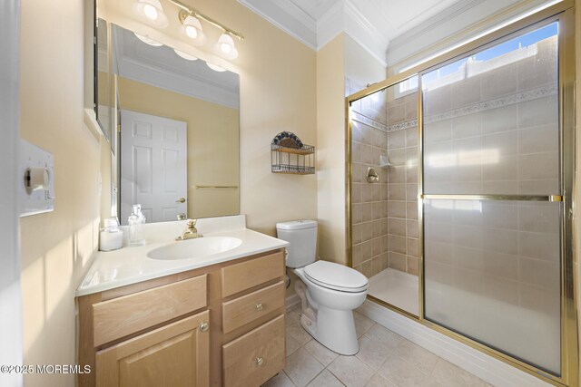 105 Golf View Dr, Little Egg Harbor, NJ 08087 - bathroom featuring ornamental molding, vanity, a stall shower, and tile patterned floors