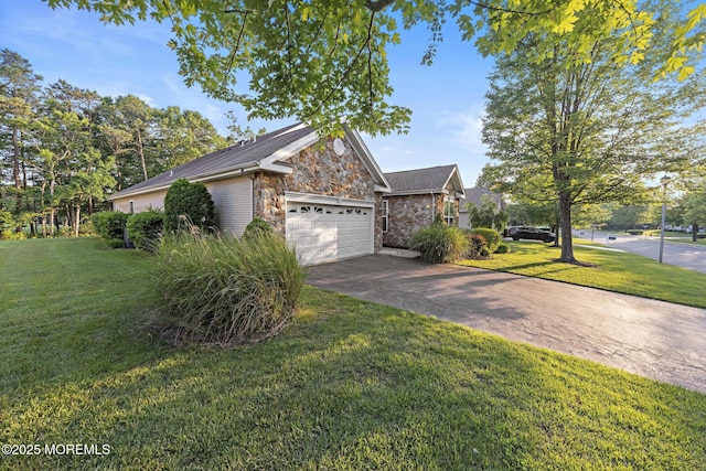 105 Golf View Dr, Little Egg Harbor, NJ 08087 - view of front of house with a garage, concrete driveway, a front yard, and stone siding