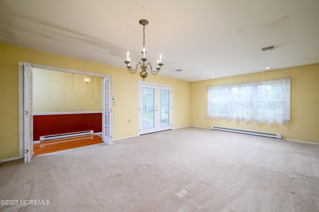 1161B Argyll Cir, Lakewood, NJ 08701 - unfurnished room featuring a baseboard heating unit, a baseboard radiator, a chandelier, french doors, and carpet