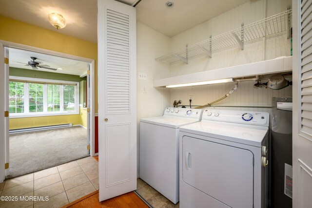 1161B Argyll Cir, Lakewood, NJ 08701 - laundry room with a baseboard radiator, washing machine and clothes dryer, light carpet, a ceiling fan, and water heater