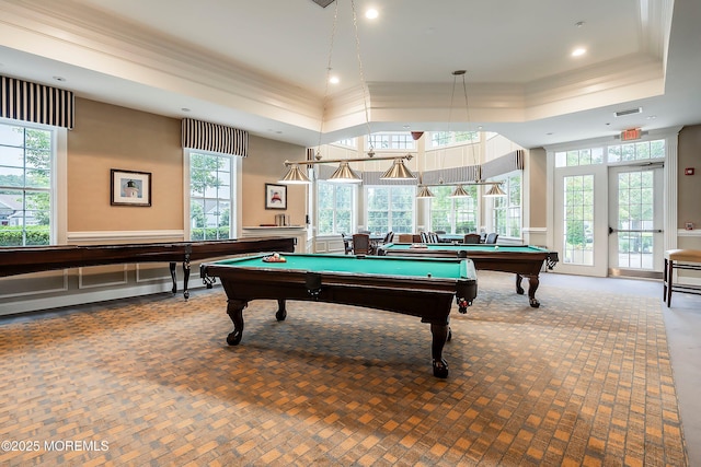6 Cameron Ct, Forked River, NJ 08731 - playroom featuring crown molding, a tray ceiling, pool table, and recessed lighting