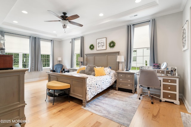 6 Cameron Ct, Forked River, NJ 08731 - bedroom featuring a tray ceiling, crown molding, multiple windows, light wood-style flooring, and an office area