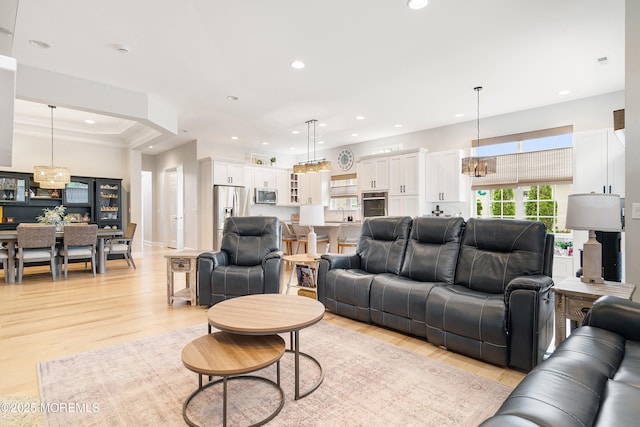 6 Cameron Ct, Forked River, NJ 08731 - living room featuring recessed lighting, a chandelier, light wood finished floors, and ornamental molding