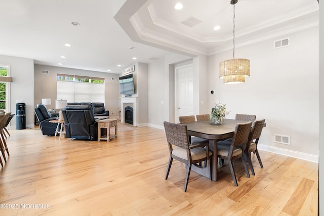 6 Cameron Ct, Forked River, NJ 08731 - dining area with plenty of natural light, ornamental molding, light wood-type flooring, a fireplace, and recessed lighting