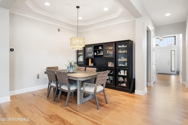 6 Cameron Ct, Forked River, NJ 08731 - dining room with light wood finished floors, a chandelier, a raised ceiling, recessed lighting, and crown molding